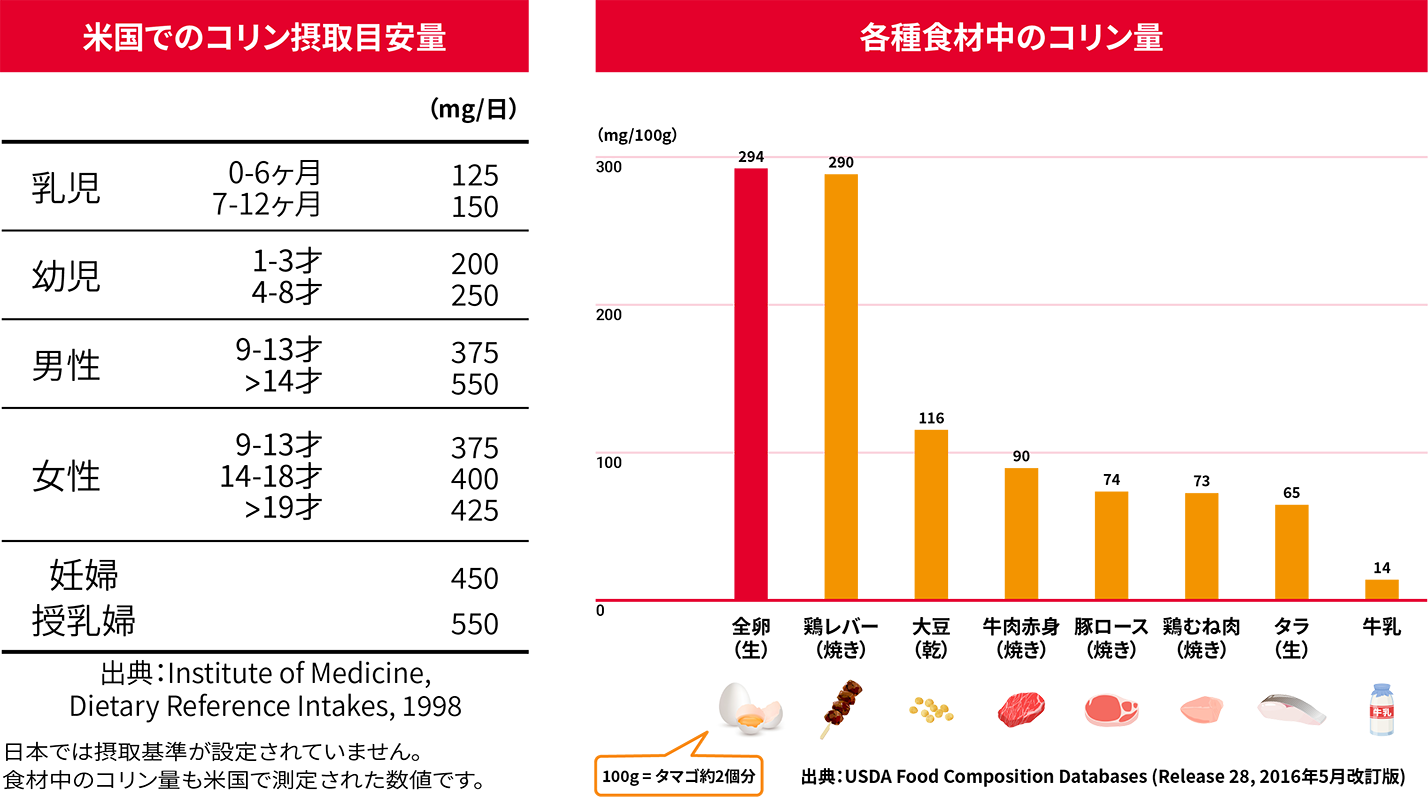 米国でのコリン摂取目安量も表と各種食材中のコリン量のグラフ