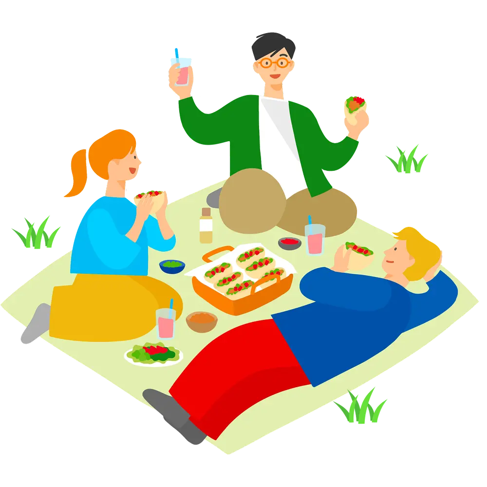 レジャーシートの上でサンドイッチを食べながらくつろぐ3人のイラスト