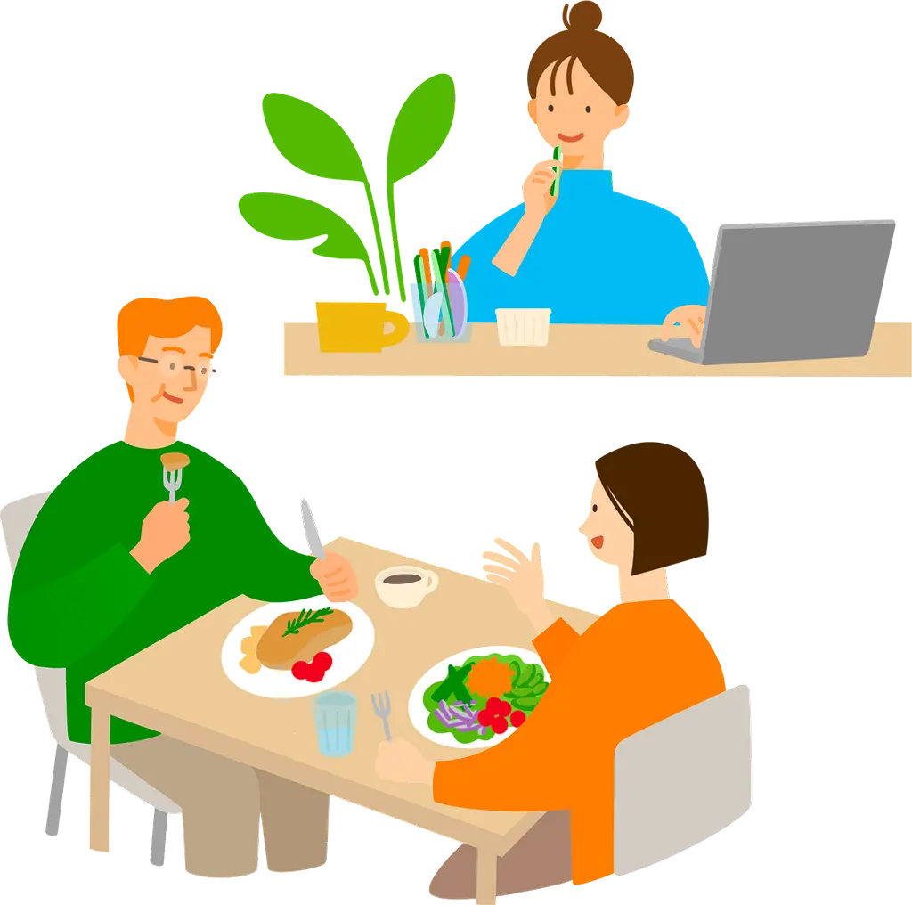 野菜スティックを食べる人や、テーブルで会話と食事を楽しむ人など、それぞれのスタイルで食事を楽しむ様子のイラスト